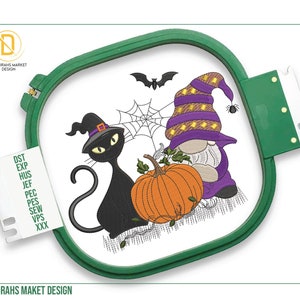 Halloween Embroidery, Cat Gnome With Pumpkin Machine Embroidery, Witchy Black Cat Spooky Season Gnome Design, Machine Embroider Digital File