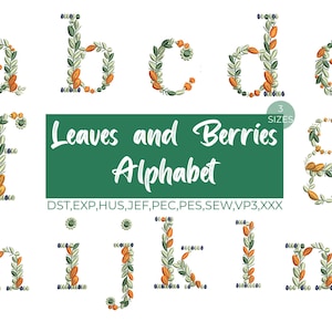 Letras florales bordadas a máquina, alfabetos con flores en minúscula, diseño de hojas y bayas, letras de la A a la Z, descarga de archivo digital