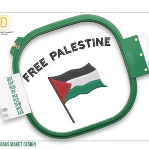 May include: Green embroidery hoop with the text "FREE PALESTINE" and an embroidered Palestinian flag.