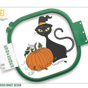 Halloween Cat with Pumpkin Embroidery, Black Cat Witchy Design Machine Embroidery, Spooky Halloween Season, Huge 70% discount - shop now!