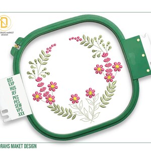 Projekt haftu wieńca kwiatowego, cyfrowy projekt ramki kwiatowej do maszyny, cyfrowy haft kwiatów polnych, haft ramki monogramu, kup teraz