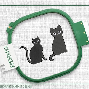 黒猫の刺繍、2 つの黒っぽい猫の機械刺繍デザイン、デジタル ステッチ PES DST パターン ファイル、即時ダウンロード、動物猫愛好家