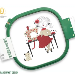 Little Girl Seamstress Embroidery Design, Girl Sewing Machine Pattern, Girl Sketch Machine Embroidery File, Get Your Digital Files Instantly
