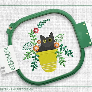 黒猫の花の刺繍、美しい猫のデザイン機械刺繍ファイル、即時ダウンロード、デジタルファイル、猫好きへのギフト、Dst PES ファイル