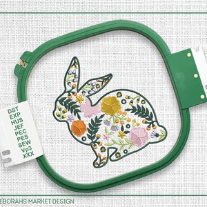 Rabbit Flower Silhouette Embroidery, Beautiful Bunny Floral Design Machine Embroidery, Instant Download Pes Dst File, Digital Sewing Pattern