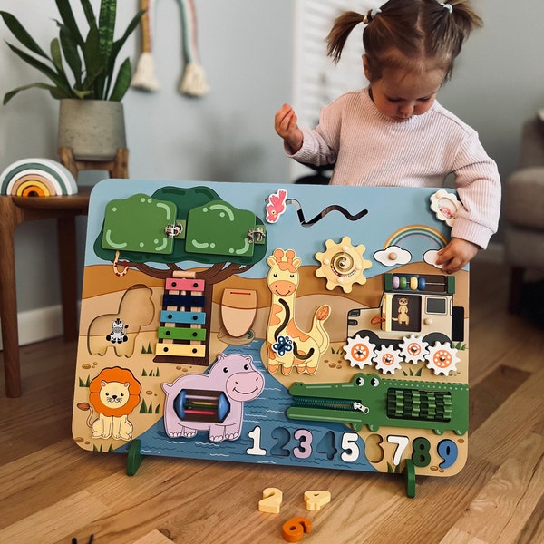 Large Wooden Toddler Busy Board  for 1, 2, 3 Year Old Boys and Girls, Sensory Board, Montessori Activity Puzzle, Animal Theme Birthday Gift