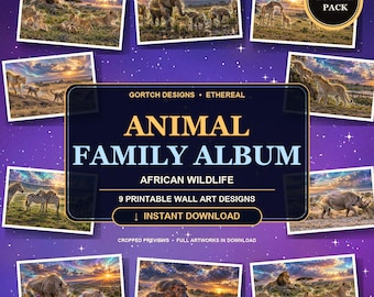 African Family Art Bundle, 9 Wildlife Panorama PNGs | Wall Art, Office Decor, Journal Covers, Scrapbooks, Cards, Tattoo & CNC Inspiration