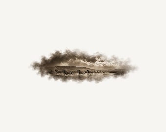 Wild horses splashing through a broad shallow river beneath distant bluffs | Old West Smoke Transparent PNG, Western Decal, Digital Download