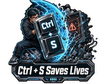 Può includere: Un adesivo raffigurante una persona con felpa nera che regge uno scudo composto dai tasti Ctrl e S con una barriera energetica blu. Dietro c'è un case per computer con un'icona di avviso. Il testo Ctrl + S Saves Lives è su una base metallica.