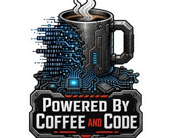 Può includere: Un adesivo con una tazza in metallo grigio scuro piena di caffè fumante, che si trasforma in codice binario digitale blu e motivi di circuiti. Sotto, una piastra scura mostra il testo bianco POWERED BY COFFEE AND CODE.
