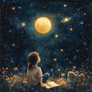 以下が含まれることがあります： 野花が咲く草原に座った若い人が、星でいっぱいの濃い青色の夜空に浮かぶ大きく明るい黄色の月を見上げています。