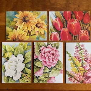 Wenskaartenset - Diverse aquarelbloemen - Gevouwen notitiekaarten - blanco - Kunst in te lijsten - kaarten ca. 5 bij 7 inch-Briefpapier-moeders cadeau.