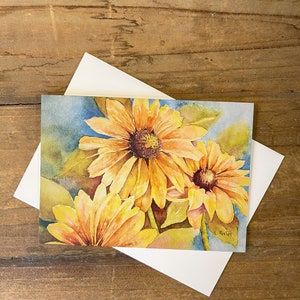 Cartão comemorativo de girassóis - aquarela - Cartão para todas as ocasiões - Em branco - Arte para emoldurar - aprox. 5" por 7" - Papelaria - Cartão de dia das mães - Cartão de aniversário.