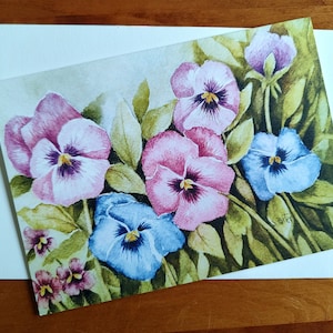 Floral greeting card-pansy watercolor-All occasion notecard-approx. 5&quot; by 7&quot;-Blank-Frameable -Stationery-mothers day card-birthday card.
