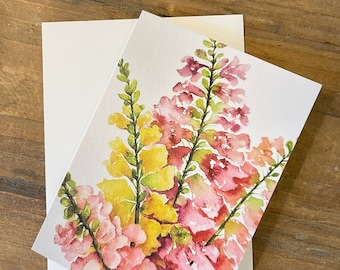 Carte de voeux florale-mufliers aquarelles-Carte pour toutes les occasions-env. 5" par 7"-art encadré-papeterie vierge-carte d'anniversaire-fête des mères