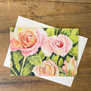 Floral greeting Card-watercolor roses-All occasion notecard-Blank-Frameable art-approx. 5&quot; by 7&quot;-Stationary-Birthday card-Mothers day card.