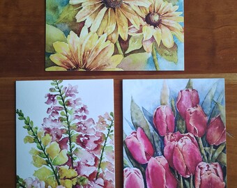 Set of 3 watercolor greeting cards. Tulips-sunflowers-snapdragons.