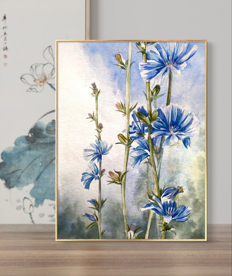 Set di fiori blu acquerello Set di arte da parete in 3 pezzi Set di fiori di campo dipinti ad acquerello Galleria d'arte da parete Arredamento country francese immagine 4