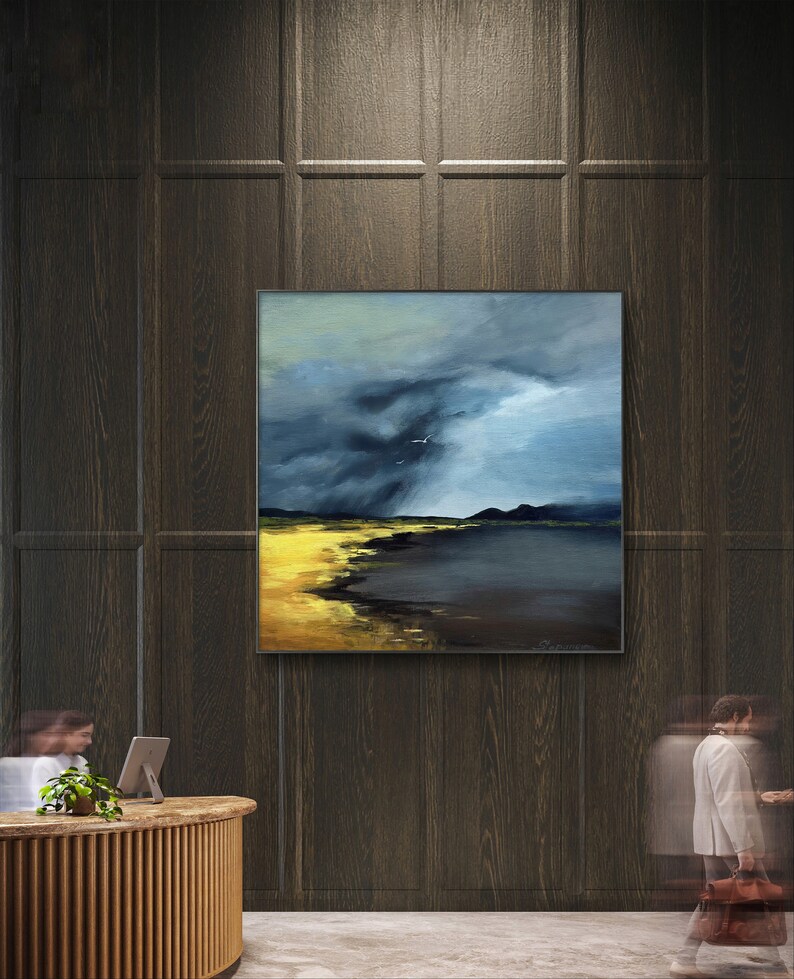 Navy Blue Cloud and Sea Painting Stormy Sky Painting on Canvas Beach