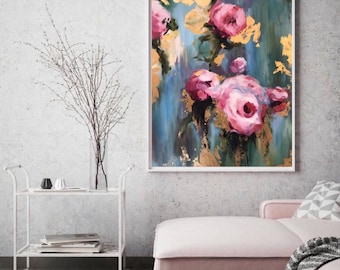 Elegante dipinto floreale con rose rosa - Decorazione da parete vintage per la casa - Regalo di compleanno ideale per la mamma o la nonna