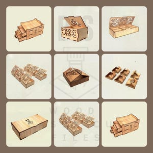 Digital preview of box designs in vector format, showing SVG and DXF files for laser cutting projects