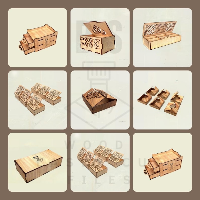 Digital preview of box designs in vector format, showing SVG and DXF files for laser cutting projects