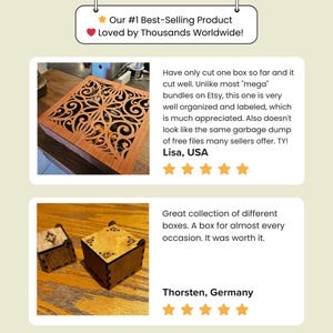 May include: Two laser cut wooden boxes. The larger box has a decorative design with intricate cutouts. The smaller box is a simple cube with a small design on the top. The boxes are on a wooden surface.