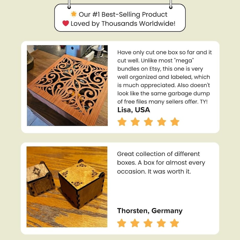 May include: Two laser cut wooden boxes. The larger box has a decorative design with intricate cutouts. The smaller box is a simple cube with a small design on the top. The boxes are on a wooden surface.