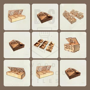 Close-up of laser cut box designs from the 600+ bundle, ideal for DIY crafts, gift boxes, and decorative storage.