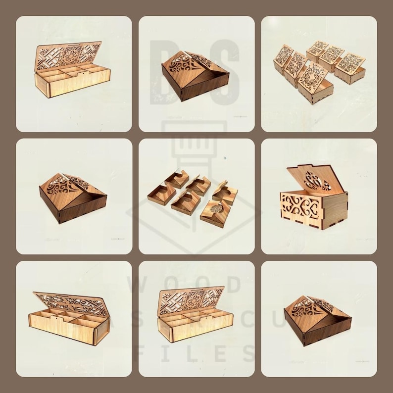 Close-up of laser cut box designs from the 600+ bundle, ideal for DIY crafts, gift boxes, and decorative storage.
