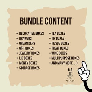 Laser cut files bundle content preview with 600+ unique box designs in SVG, DXF, PDF, and CDR formats, ideal for DIY and craft projects.