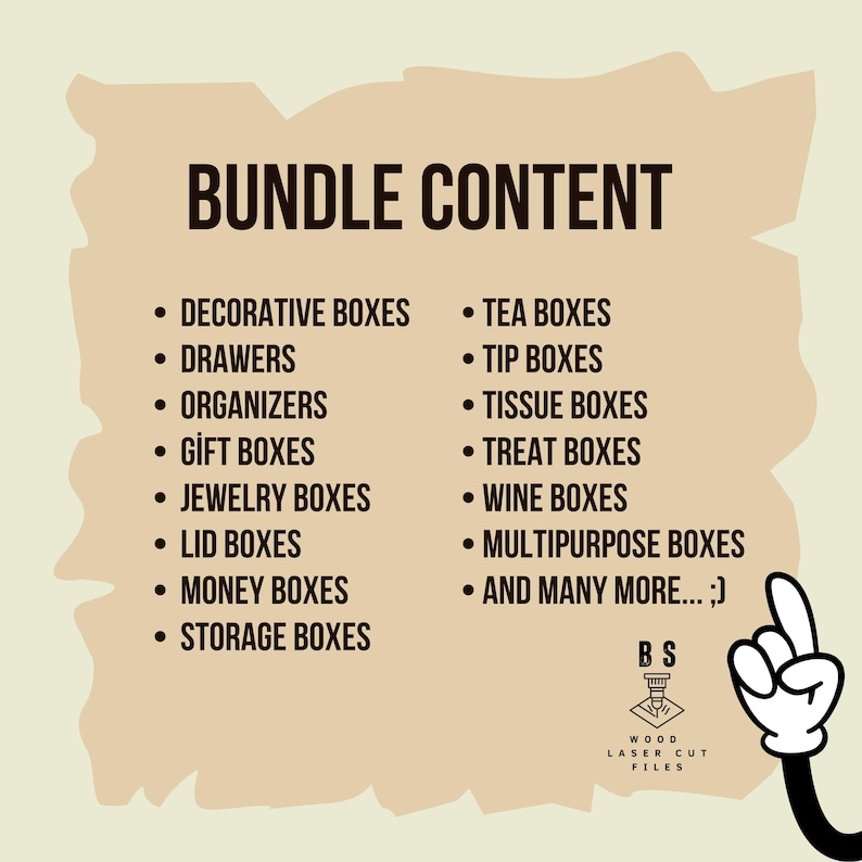 Laser cut files bundle content preview with 600+ unique box designs in SVG, DXF, PDF, and CDR formats, ideal for DIY and craft projects.
