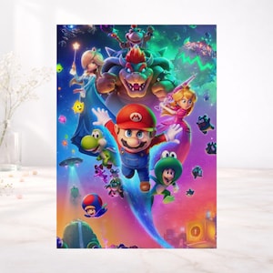 Super Mario Galaxy poster featuring multiple characters including Mario Peach Bowser and others in colorful space adventure scene, vibrant cosmic background with stars planets and action composition, high resolution gaming wall art print, detailed character expressions and dynamic movement, framed and unframed display setup for gamer room bedroom or kids room, size comparison and print texture detail, perfect gift for retro gaming fans and collectors