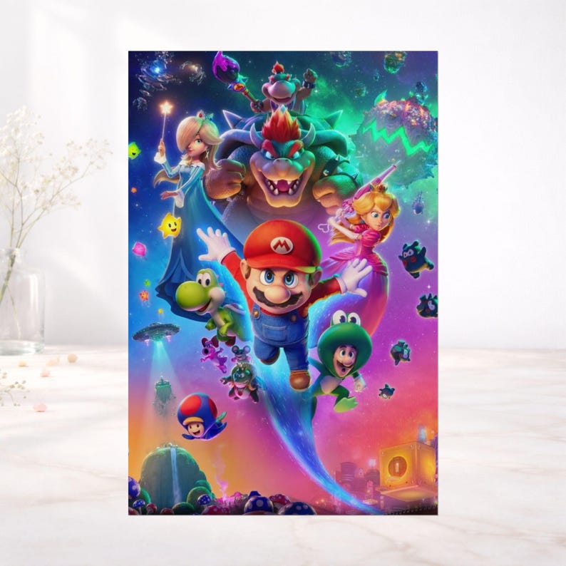 Mario Galaxy poster kleurrijke actie muur kunst Mario-personages ruimte avontuur print retro gaming kamer decor levendige gamer poster afbeelding 6