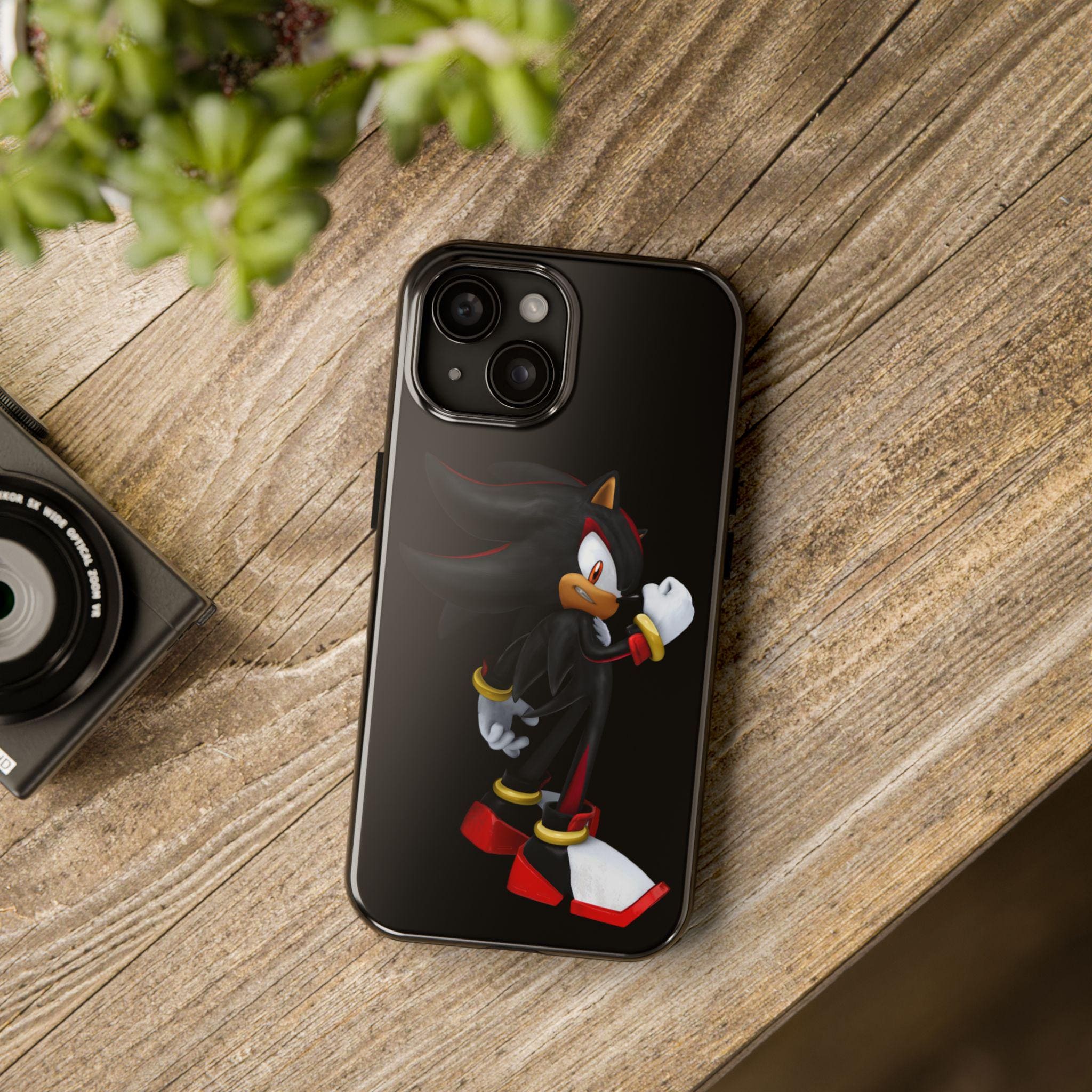 Shadow the Hedgehog tough phone case, impact-resistant 2-piece design, polycarbonate shell, glossy finish, wireless charging compatible