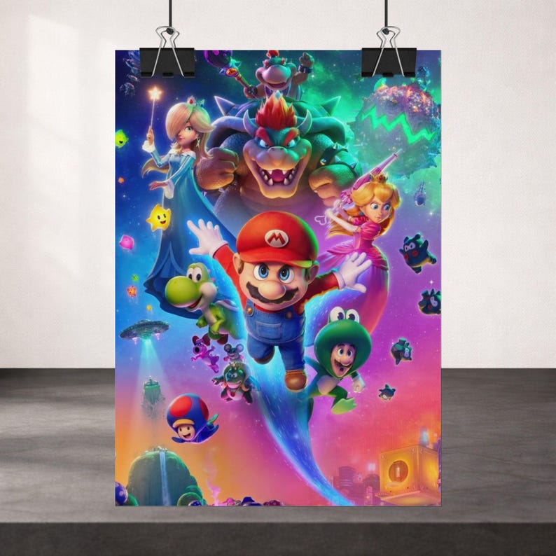 Mario Galaxy poster kleurrijke actie muur kunst Mario-personages ruimte avontuur print retro gaming kamer decor levendige gamer poster afbeelding 2