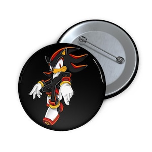 Shadow the Hedgehog custom pin buttons, metal pin with safety backing, UV-resistant glossy finish, durable Shadow pins, 3 size options