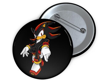 Shadow the Hedgehog custom pin buttons, metal pin with safety backing, UV-resistant glossy finish, durable Shadow pins, 3 size options