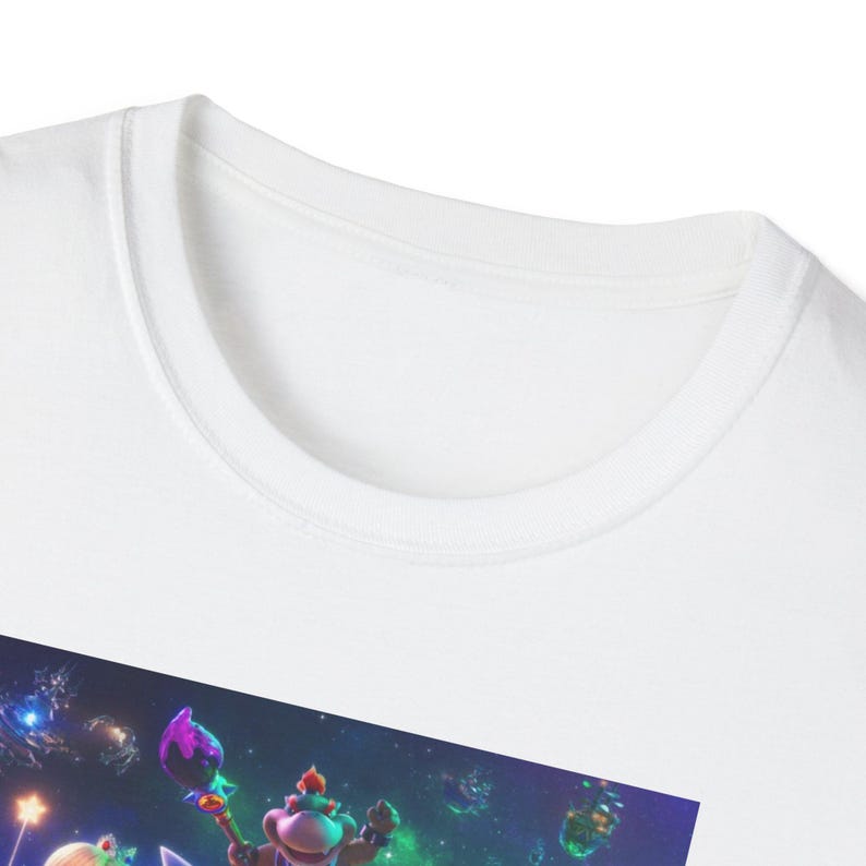 Close up view of the neckline and collar area of the white Gildan 64000 softstyle t shirt used for this Super Mario Galaxy inspired graphic tee. The zoomed image highlights the ribbed crew neck collar stitching, cotton fabric texture and overall garment construction. This detail helps customers see the comfortable premium quality material used for the shirt.