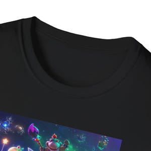 Close up view of the neckline and collar area of the black Gildan 64000 softstyle t shirt used for this Super Mario Galaxy inspired graphic tee. The zoomed image highlights the ribbed crew neck collar stitching, cotton fabric texture and overall garment construction. This detail helps customers see the comfortable premium quality material used for the shirt.