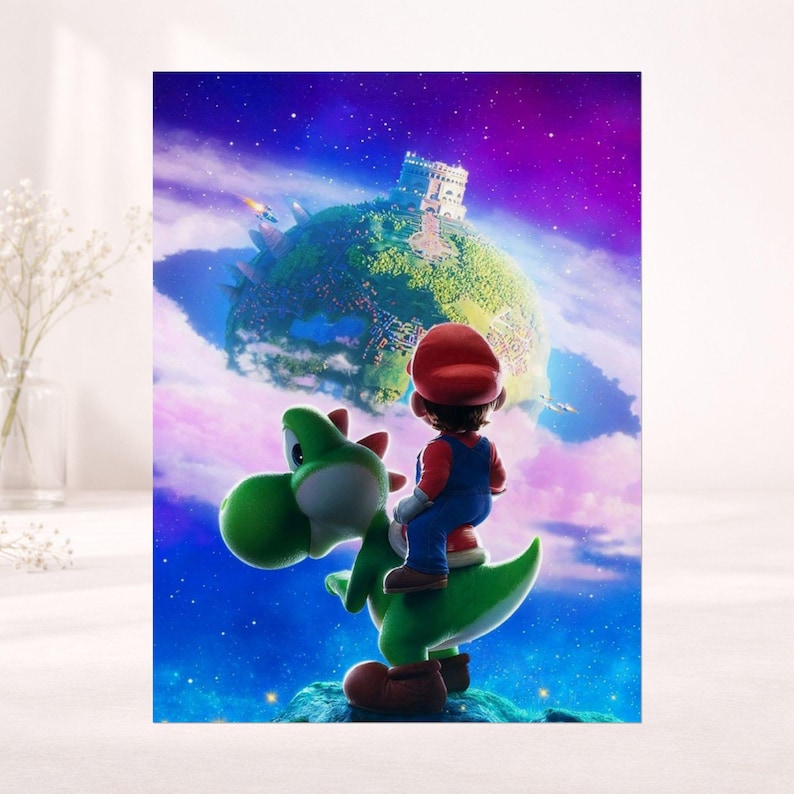 Super Mario Galaxy poster featuring Mario and Yoshi standing on a glowing planet with colorful cosmic galaxy background, vibrant space aesthetic wall art print with stars nebula and fantasy lighting, high resolution detail of characters and environment, framed and unframed display inspiration for gamer room bedroom or office, size comparison layout and print texture detail, perfect for retro gaming fans and space themed decor lovers