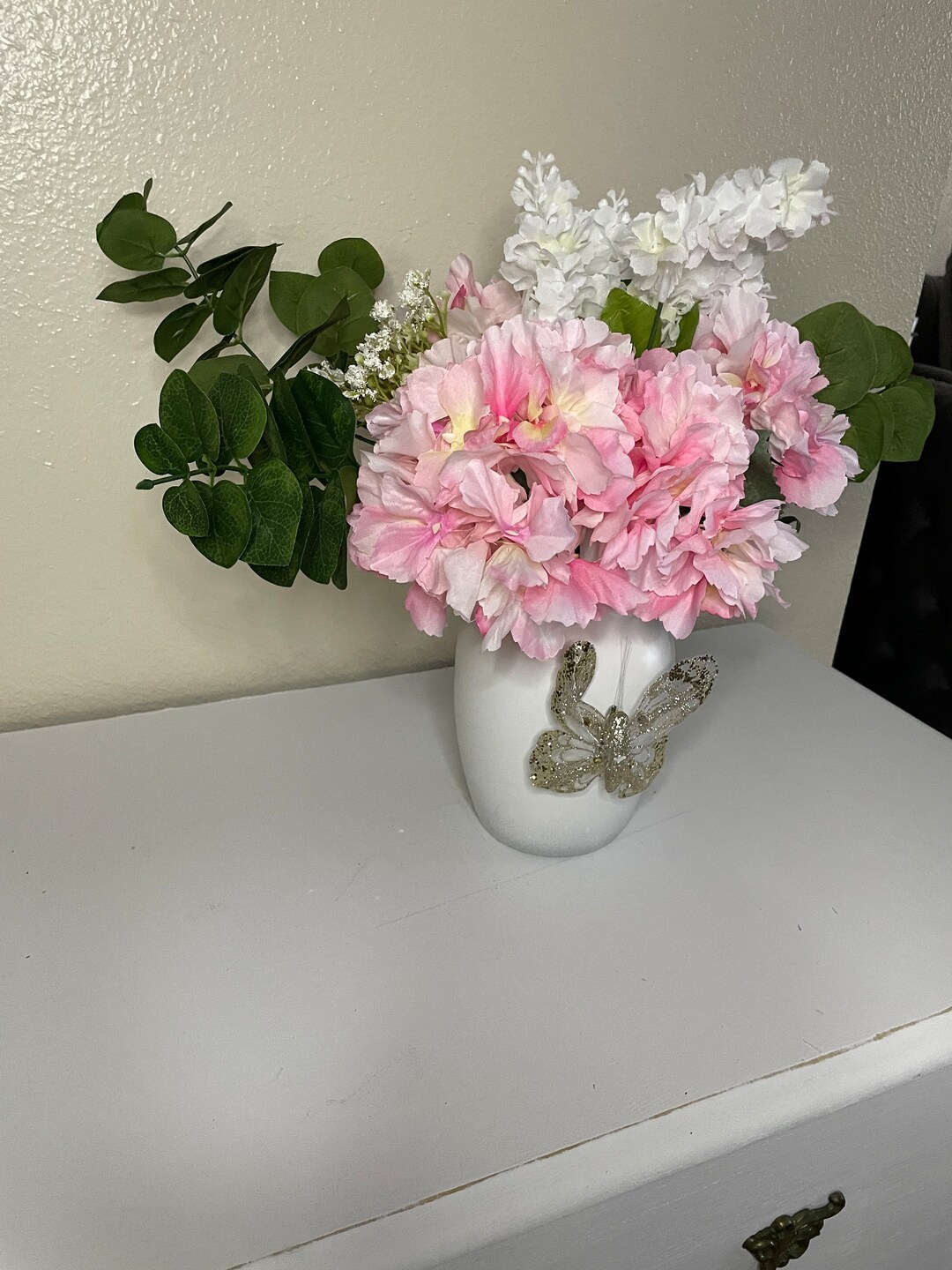 Artificial Pink Flowers in White Painted Glass Vase Etsy