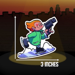 May include: A cartoon illustration of a person ice skating while holding a video camera. The person is wearing a green jacket, blue jeans, and black skates. The background is a cityscape with a spotlight shining on the person.