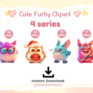 Może przedstawiać: Zestaw cyfrowych grafik z czterema uroczymi postaciami Furby w r&oacute;żnych pozach. Postacie są r&oacute;żowe, pomarańczowe, niebieskie i brązowe. Zestaw zawiera 48, 29, 10 i 17 plik&oacute;w PNG. Tekst "Cute Furby Clipart 4 series" znajduje się w g&oacute;rnej części obrazu. Tekst "Instant Download @MEDIANARTPRINTS" znajduje się w dolnej części obrazu.