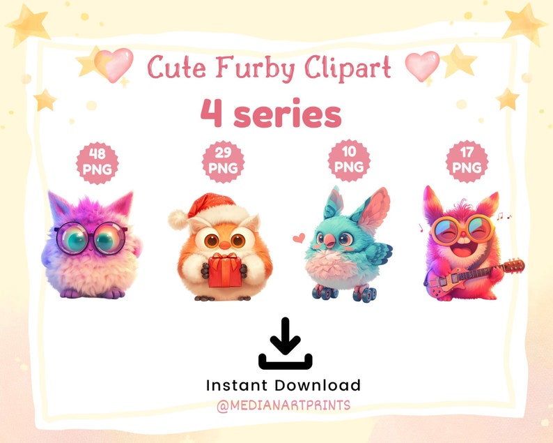 Może przedstawiać: Zestaw cyfrowych grafik z czterema uroczymi postaciami Furby w r&oacute;żnych pozach. Postacie są r&oacute;żowe, pomarańczowe, niebieskie i brązowe. Zestaw zawiera 48, 29, 10 i 17 plik&oacute;w PNG. Tekst "Cute Furby Clipart 4 series" znajduje się w g&oacute;rnej części obrazu. Tekst "Instant Download @MEDIANARTPRINTS" znajduje się w dolnej części obrazu.