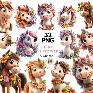 Pferde in Blumen Clipart, 32 PNG-Dateien mit transparentem Hintergrund, 3D-Sublimationsdesign, kommerzielle Nutzung, -233