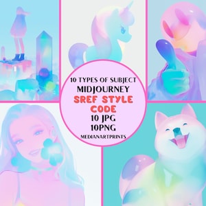 May include: A collage of 10 different images in a pastel pink, blue, and green color scheme. Each image features a different subject, including a unicorn, a dog, a person, and a robot. The text "10 TYPES OF SUBJECT MIDJOURNEY SREF STYLE CODE 10 JPG 10 PNG MEDIANARTPRINTS" is displayed in the center of the collage.