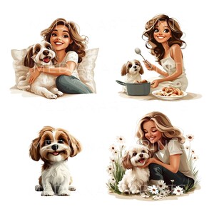 Puede incluir: Cuatro ilustraciones de mujeres con sus perros. La primera imagen muestra a una mujer con cabello casta&ntilde;o abrazando a un perro marr&oacute;n y blanco. La segunda imagen muestra a una mujer con cabello casta&ntilde;o cocinando para su perro marr&oacute;n y blanco. La tercera imagen muestra a un perro marr&oacute;n y blanco sentado sobre un fondo blanco. La cuarta imagen muestra a una mujer con cabello rubio arrodillada y acariciando a un perro marr&oacute;n y blanco en un campo de flores blancas.