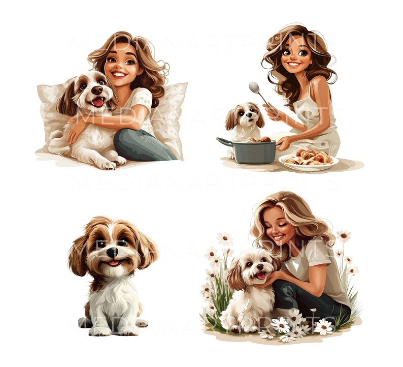 Puede incluir: Cuatro ilustraciones de mujeres con sus perros. La primera imagen muestra a una mujer con cabello casta&ntilde;o abrazando a un perro marr&oacute;n y blanco. La segunda imagen muestra a una mujer con cabello casta&ntilde;o cocinando para su perro marr&oacute;n y blanco. La tercera imagen muestra a un perro marr&oacute;n y blanco sentado sobre un fondo blanco. La cuarta imagen muestra a una mujer con cabello rubio arrodillada y acariciando a un perro marr&oacute;n y blanco en un campo de flores blancas.