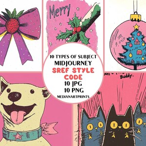 May include: A collage of Christmas-themed illustrations, including a pink bow with a red strawberry, a green holly sprig with a red berry, a Christmas tree bauble with a blue Christmas tree, a white dog with a green collar and a star, and three black cats with blue eyes.